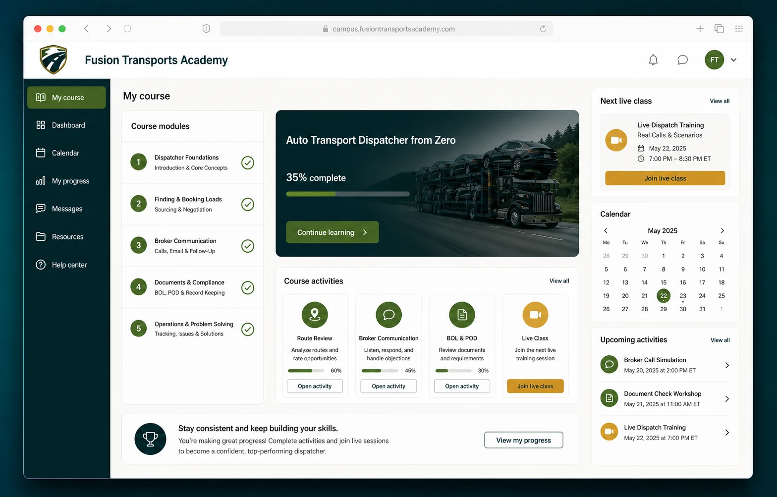 Fusion Transports Academy Moodle-style campus showing course modules, progress, activities, calendar, and the next live class