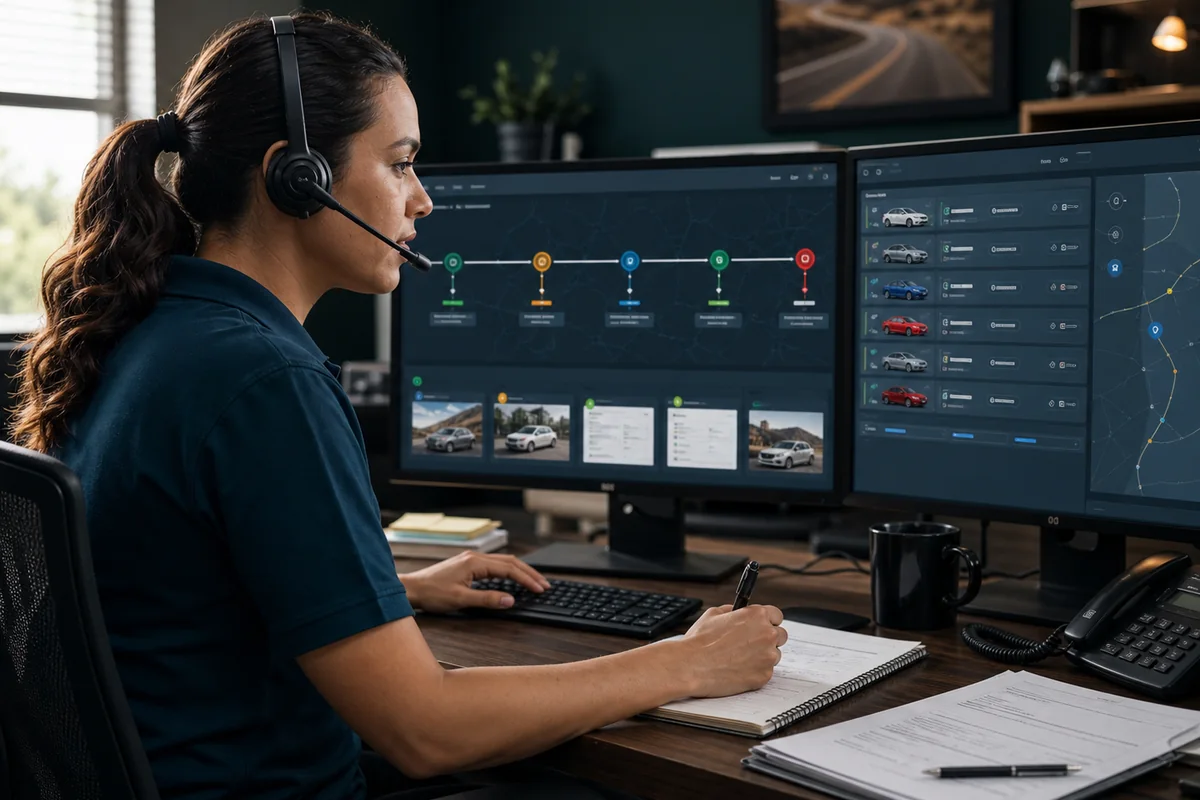 Dispatcher organizing pickup, delivery, documents, and route milestones