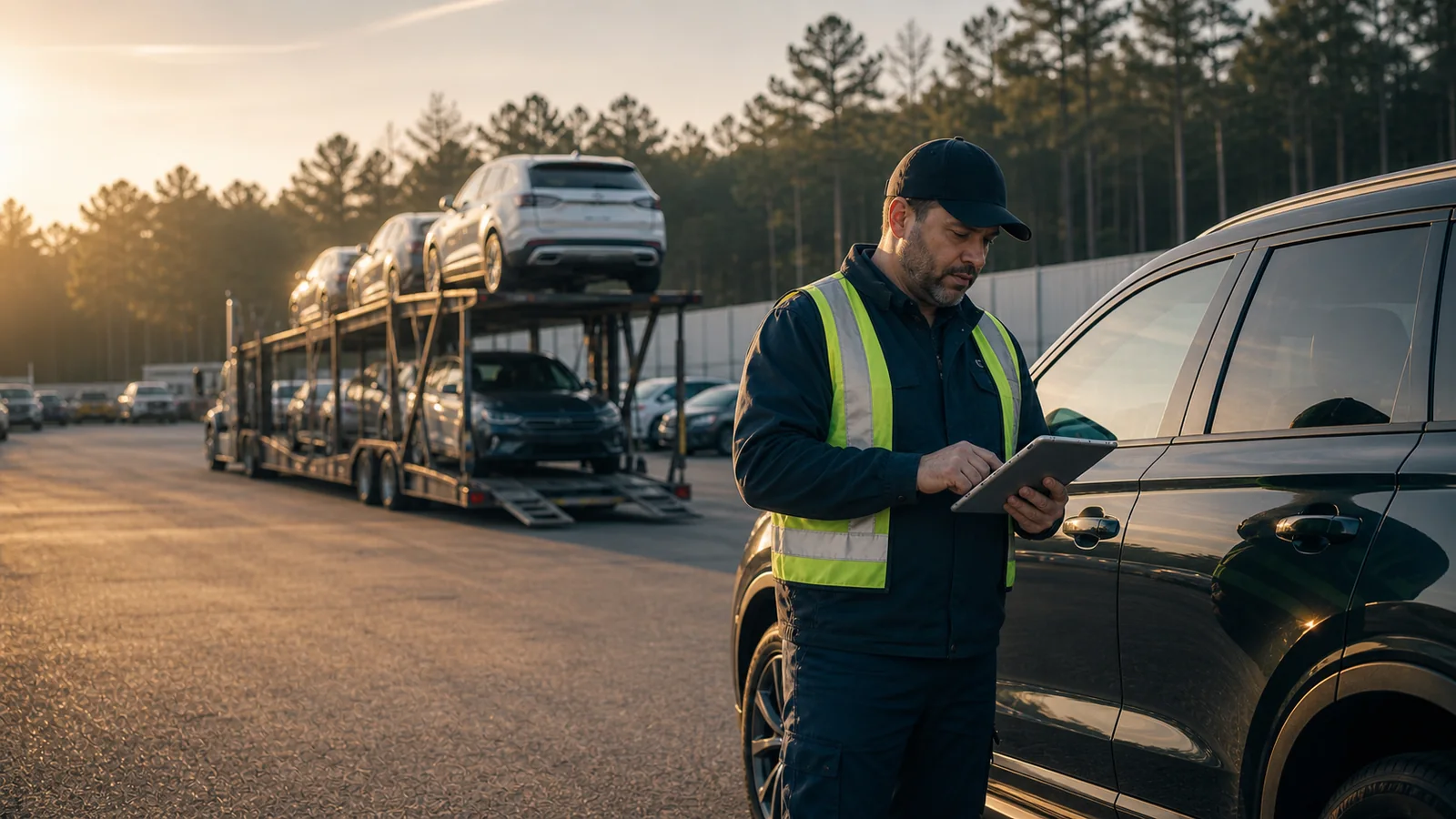 Profissional de transporte automotivo documentando um veículo antes do movimento