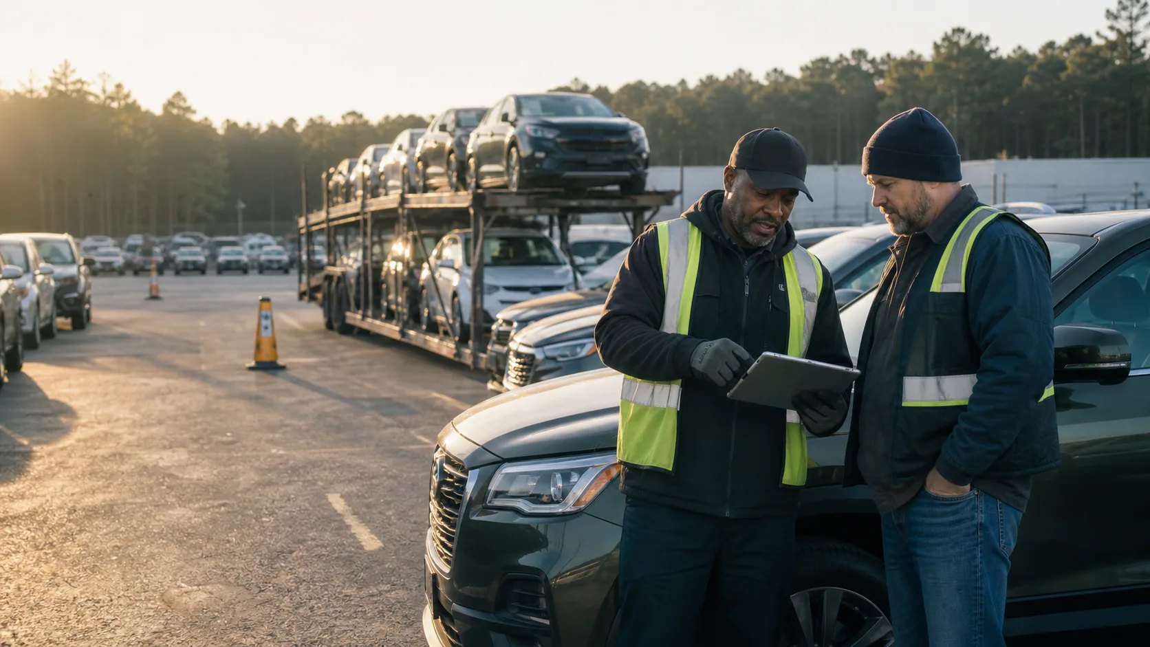 Motorista de transportadora de automóveis e representante de operações de leilão analisando uma atribuição de retirada de veículo