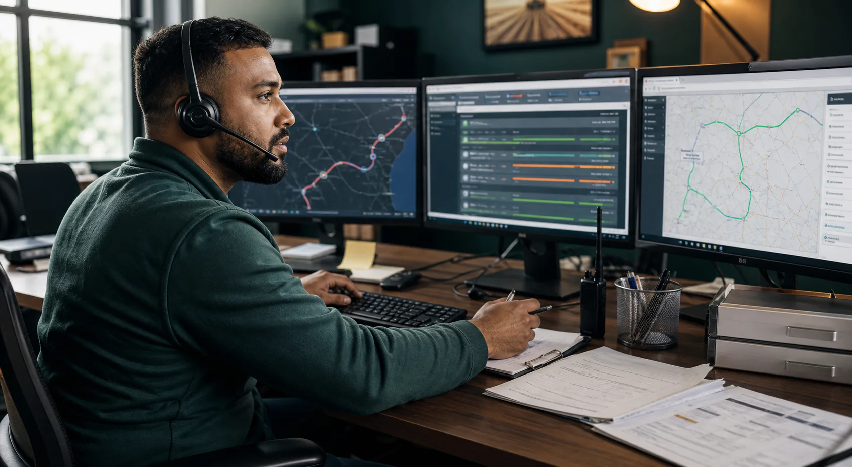 Auto transport dispatcher reviewing routes and vehicle loads across multiple monitors