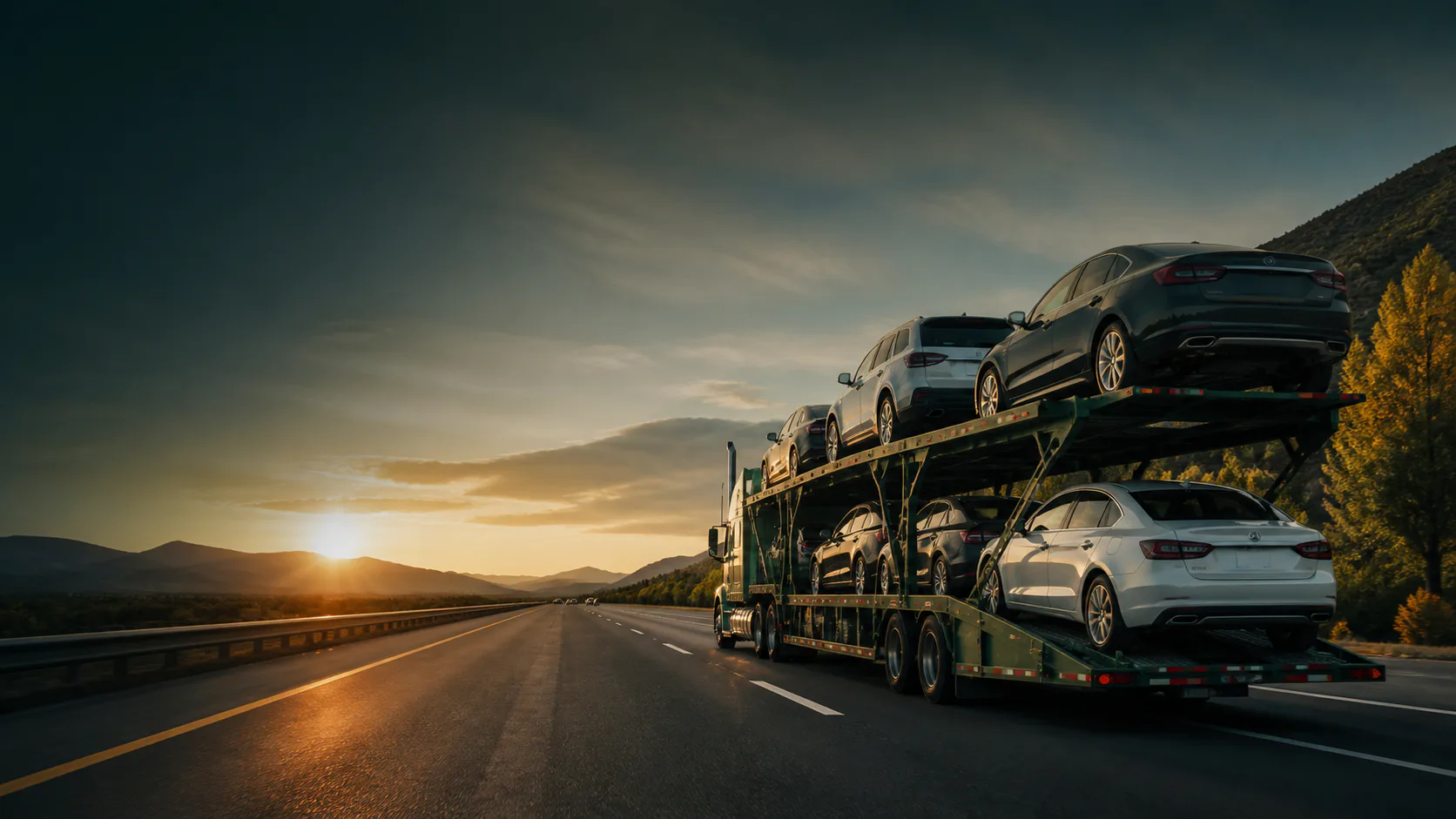 Transportador de automóviles abierto que transporta vehículos en una carretera a campo traviesa